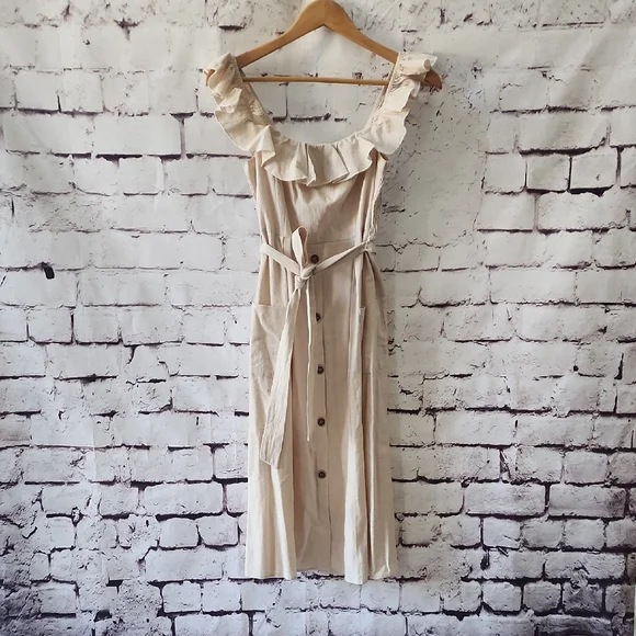 CupShe Beige Smocked Ruffle Midi Dress - Sz S belted dress - EUC! - Picture 6 of 13